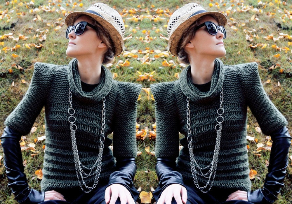 Olive green military elegant women eco green fashion fashion summer hand knit sweater, modern triangle geometric origami /Khaki Chic 2/