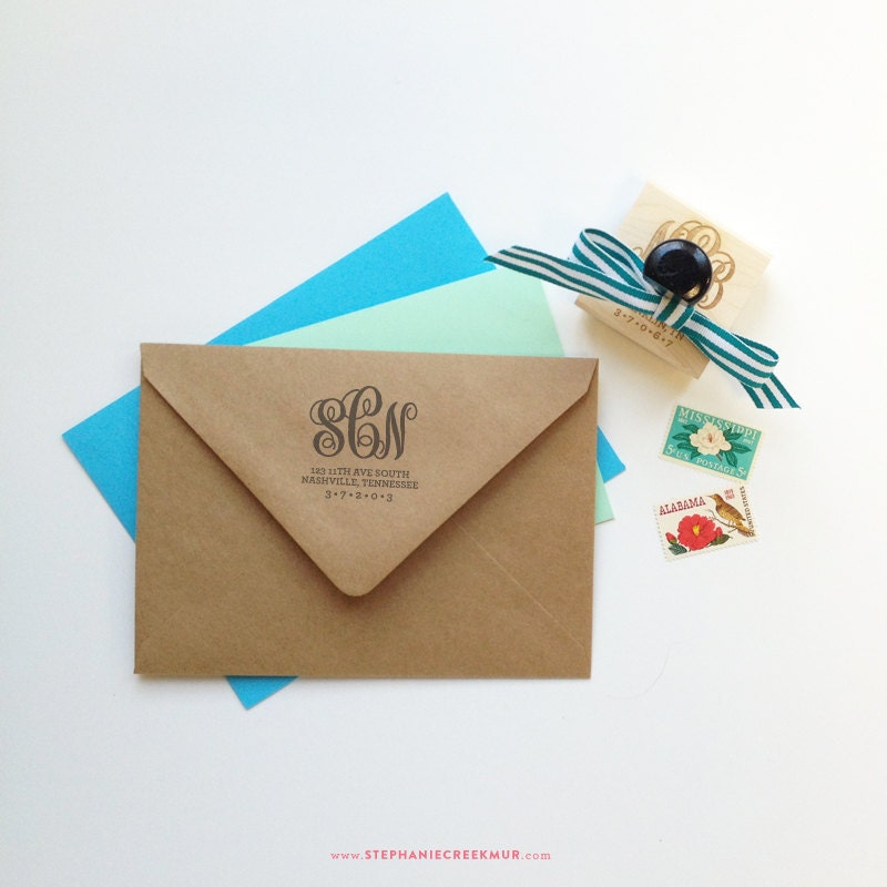 Return Address Stamp - Personalized 2" x 2" Monogram  - Wood Handle - Wedding - Housewarming Gift