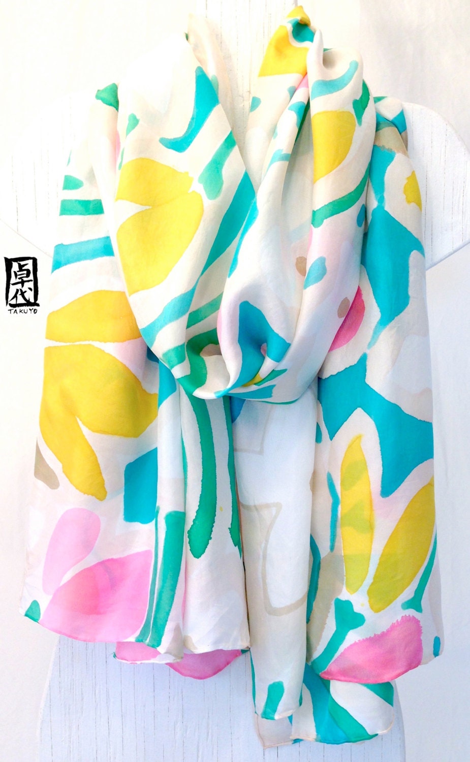 Handpainted Large Silk Shawl, Spring Abstract Floral Silk Shawl, Large Silk Evening Wrap. 35x84 inches. 100% Silk.