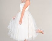 Tea Length Wedding Dress, Vintage Inspired Tulle Circle Skirt with a Sweetheart Lace Illusion Neckline, Custom Made, Available in Plus Size