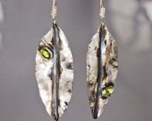 Asymmetric Earrings with Olive Green Peridots - Dangle Leaf Earrings  - Sterling Silver Jewelry