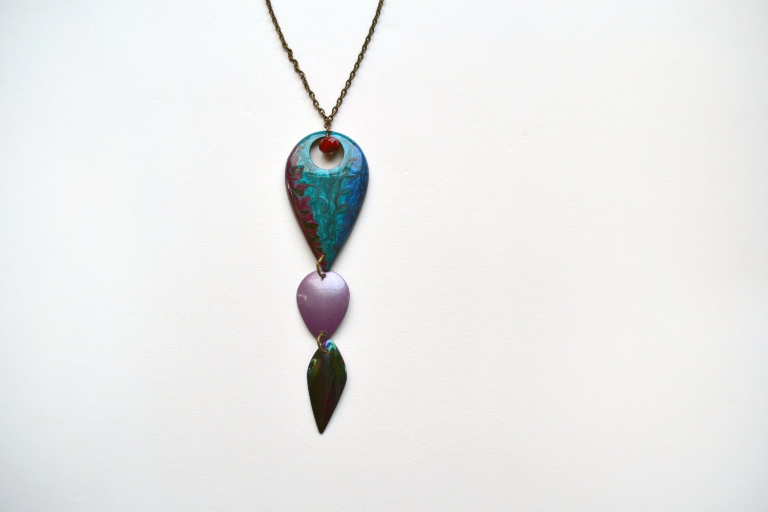 Vintage Enamel Scale Necklace -  Purple Fuchia Blue Green with Antique Brass Chain