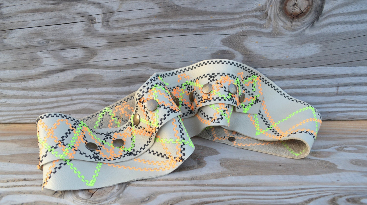 Geometric Leather Belt - Embroidered Leather Belt - Leather Belt - Neon