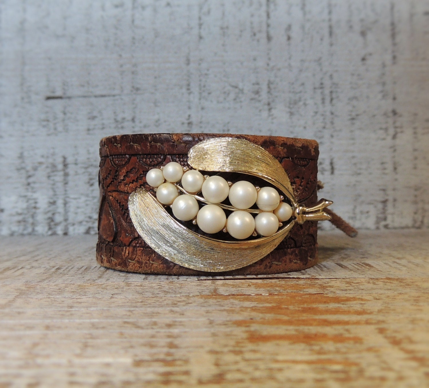 Tooled Leather Cuff Bracelet / Statement Jewelry / Vintage Brooch Bracelet / Boho Cuff / Rustic Chic Cuff / Western Cuff / Genuine Leather