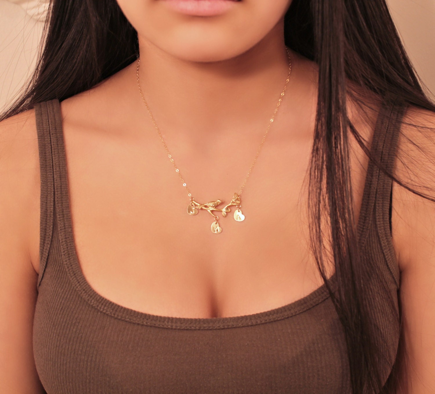 Bird on a branch - 2 or 3 initials Necklace,Fine 14K Gold Filled chain, personalized Heart charms, stamped initial letter Mom Mother