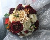 Autumn Bridal Bouquet - Romantic Rose Boutonniere - Summer Wedding - Ivory & Burgundy - Fall Wedding - Ranunculus Bouquet - Burlap and Lace