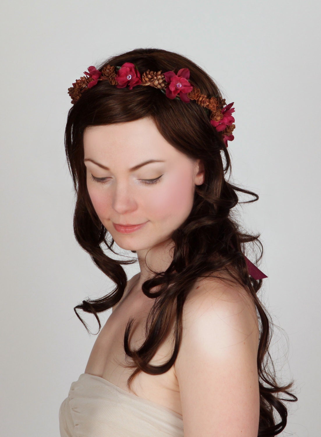 Woodland Wedding Floral Crown - Boysenberry Pink Flowers, Pine Cones - Hair Wreath, Head Piece