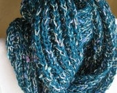Dark Jade & Silver Metallic Super Long Hand Knit Cowl / Infinity Scarf