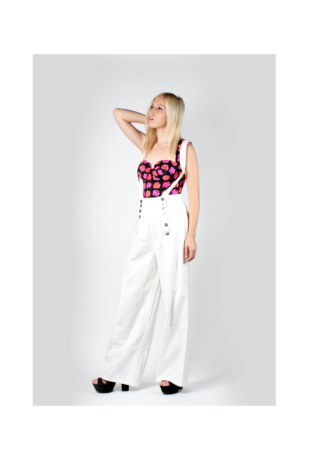 90s Vintage White High Waisted Sailor Pants with Suspender Overalls