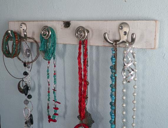 White Shabby Necklace Organizer, Jewelry Holder, Closet Storage for Belts, Scarves, Wooden Home Accent