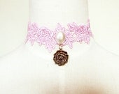 steampunk pink lace choker necklace faux pearl charm rose pendant vintage handmade victorian beaded gothic floral womens jewelry