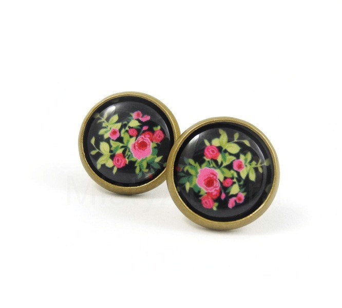 Rose Stud Earrings - Floral Jewelry - Black Pink Floral Earrings - Rose Jewelry