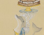 Dolphin and Cake French Animal Alphabet Art, Marie Antoinette style 5x7 Watercolor, D is for Dauphin and Dacquoise