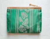 Fern Green Silk Clutch. Gold Leather Cosmetic Bag. Large Make Up Bag. Emerald Clutch