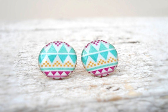 Aztec Geometric Stud Earrings, in White Turquoise Violet, Pure Color Jewelry - Jugosa