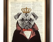 DIGITAL PRINT - Children Wall Art, Children art print, Nursery art print, Dictionary art print- Dog Pug King - Upcycled book page art print