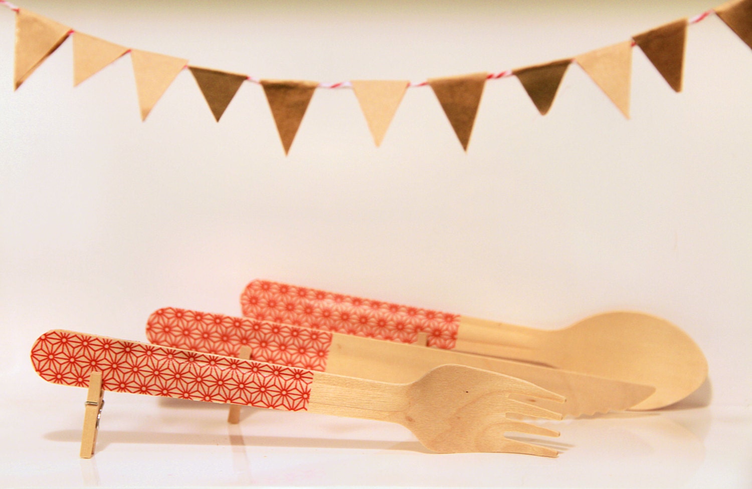 Clothed Cutlery in Red Starflakes - Disposable Washi-Patterned Wooden Forks, Spoons or Knives (A Dozen) - Gloriousmess