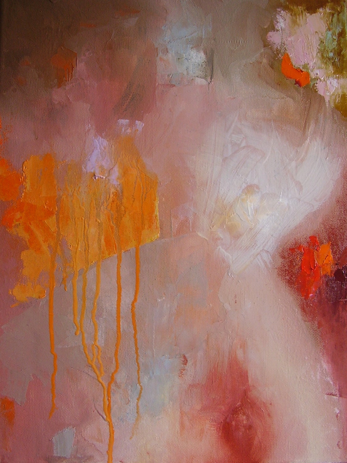 Abstract painting "Governess", fiery orange, pale pink, red, dark rose, lilac, oil on canvas, 16 x 12 inches