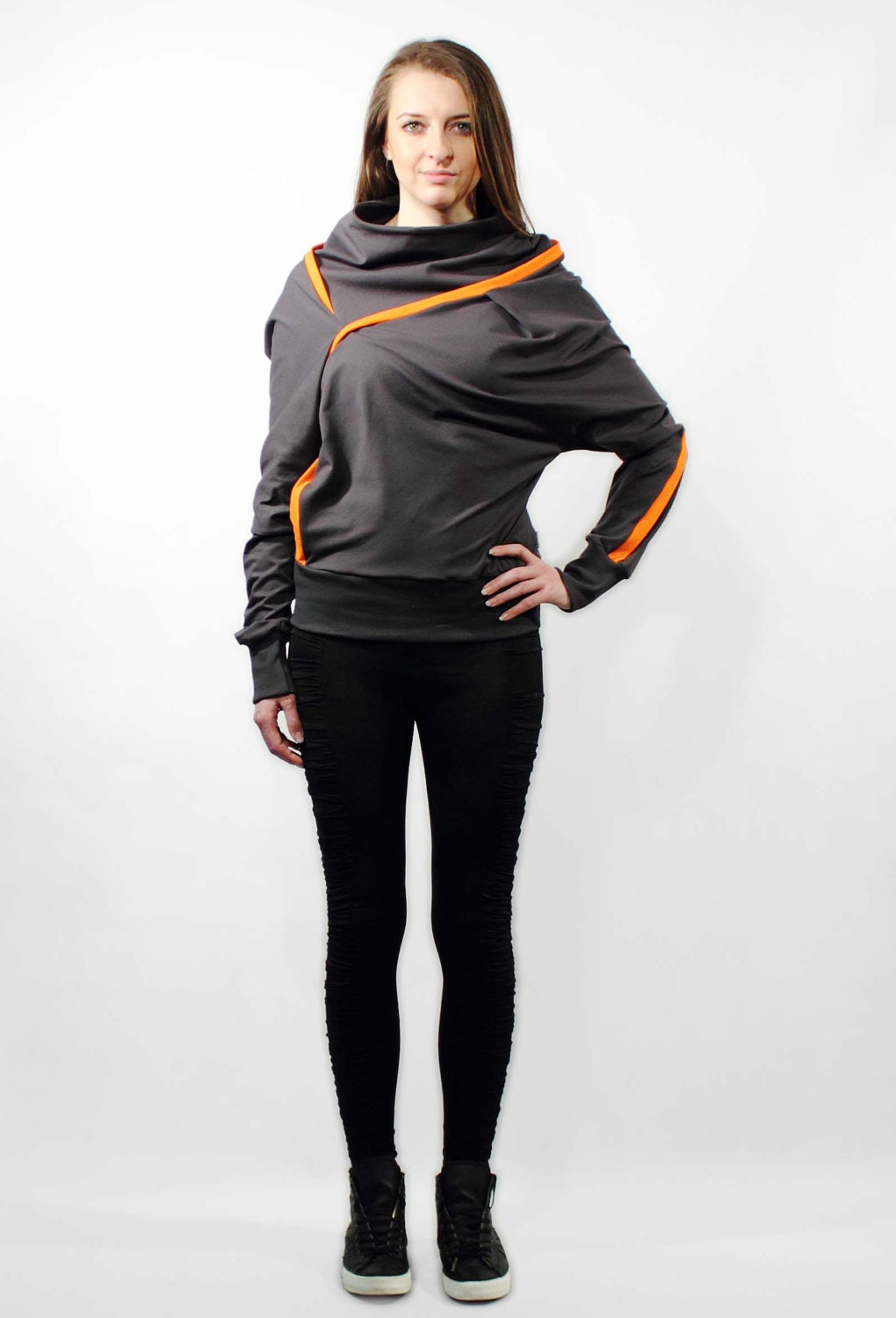 Gray orange sweatshirt, Urban sweatshirt, Cozy sweatshirt, Summer sweater, Extra long sleeves
