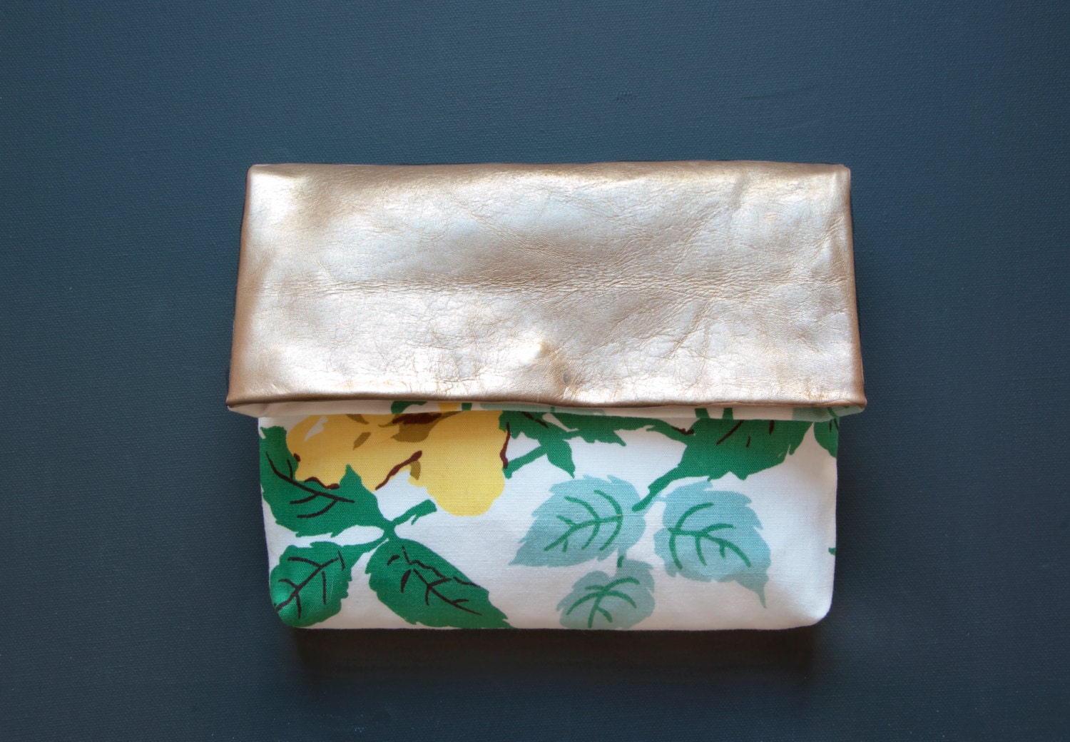 GOLDEN ROSE Gold Leather Clutch. Floral Cotton Clutch. Leather Envelope Clutch