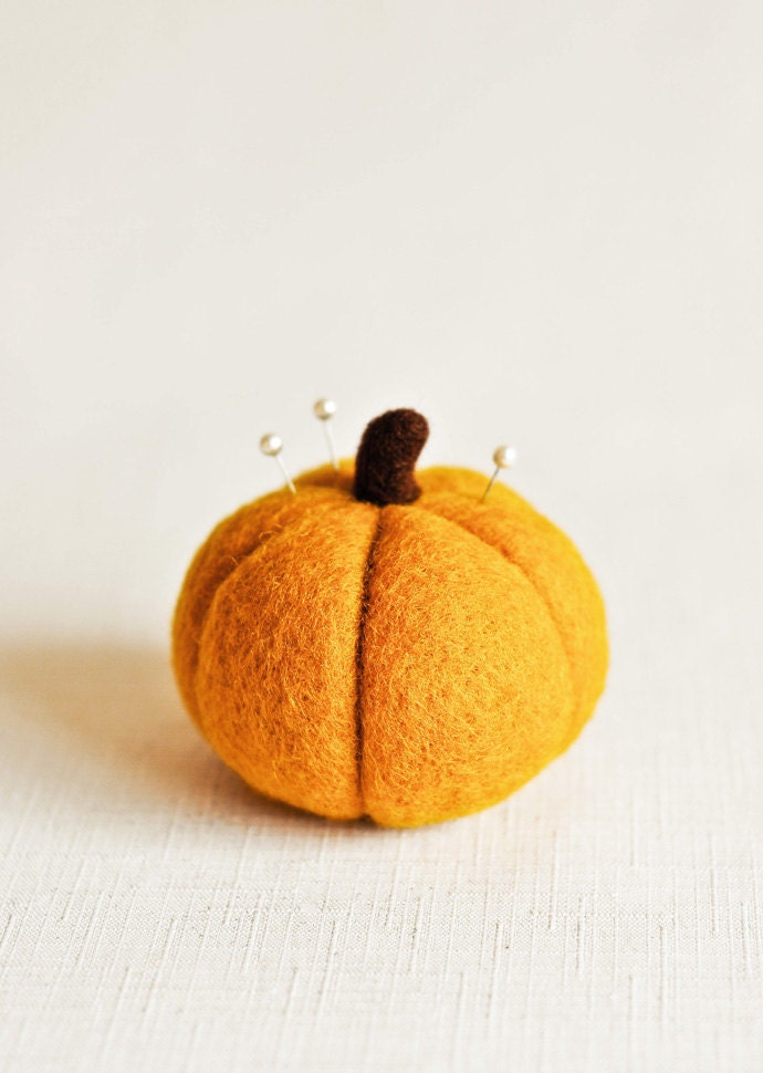 Orange Pumpkin - Needle Felted Pincushion with 10 Pearlized Pins - Woodland Nature Sewing Home Decor All Natural Wool Felt Gift