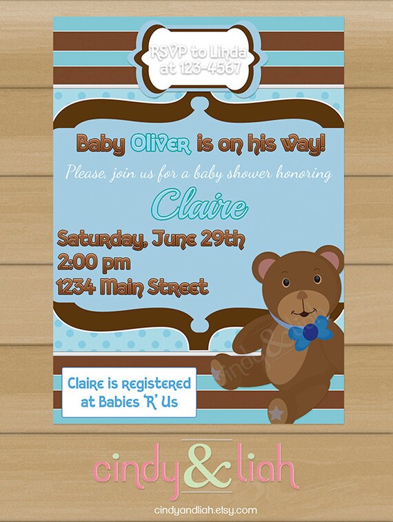 Blue and Brown Teddy Bear Baby Shower / Birthday Invitation, Thank You Note, and Envelope Seal Set - Party Printables Il_570xn