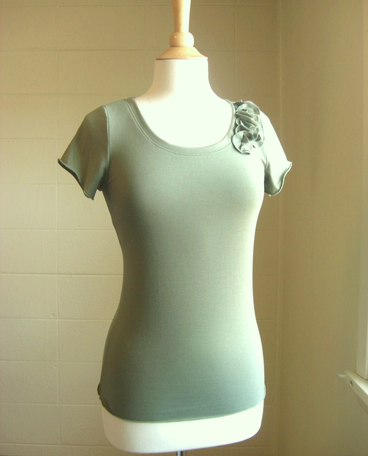 Womens Sage Green Short Sleeve Shirt with Cascading Petals - Made to Order