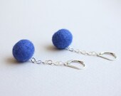Felted Ball Earrings - Blue on Short Chain
