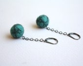 Felted Ball Earrings - Blue-green with Black on Short Chain