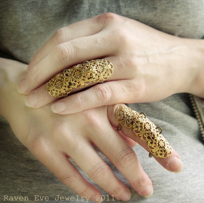 Versailles Armor Ring Gothic Flourish Filigree Knuckle Ring Two Ring Set Gold Tone