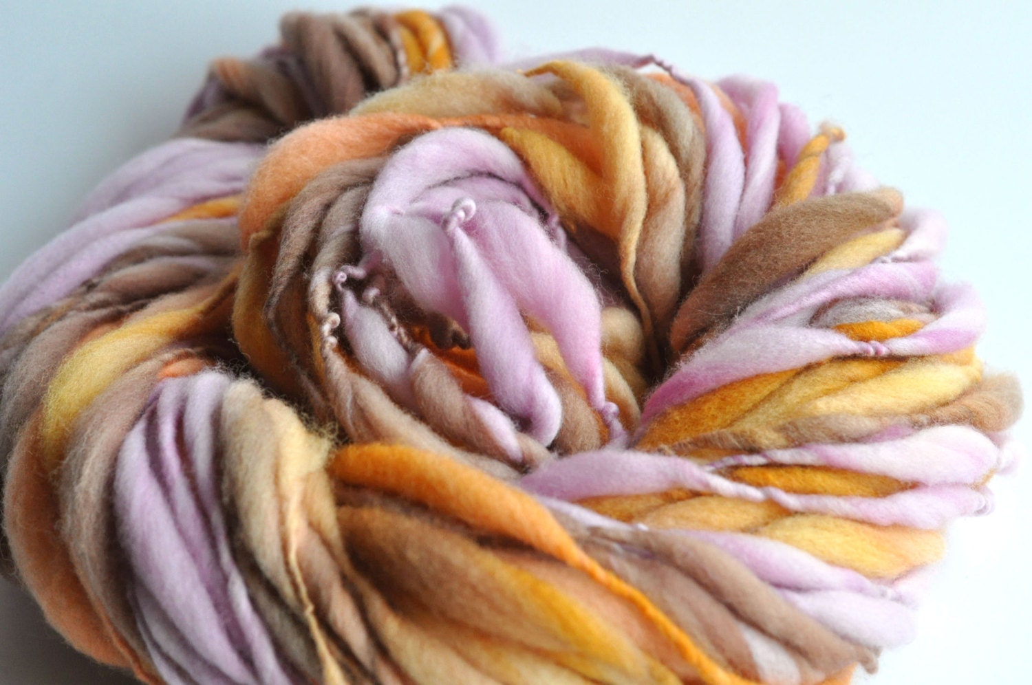Handspun Yarn - Art Yarn - Super Thick and Thin - Super Bulky Single - Hand Dyed - Merino Wool  - Lilac, Sunlight and Earth - 66 Yards