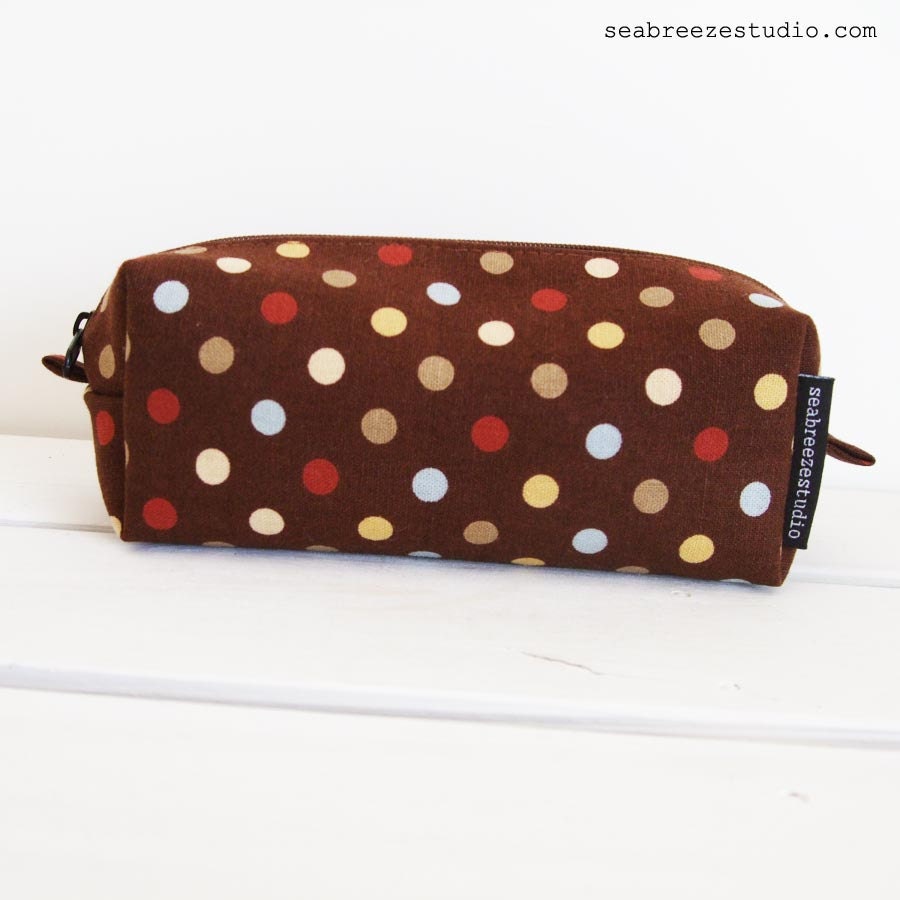 SALE Short boxy pencil / make up pouch - brown dot