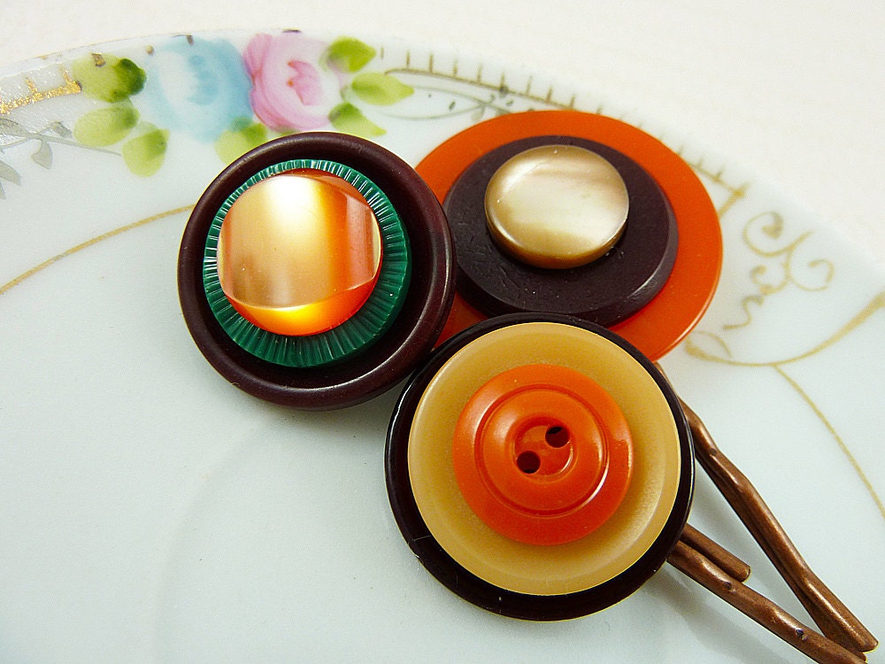 Vintage Button Hair Pin Set, Orange Brown Green, Rustic Pumpkin Patch