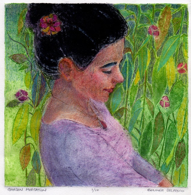 Original Framed Collagraph Garden Meditation Woman in Profile Printmaking DelPesco