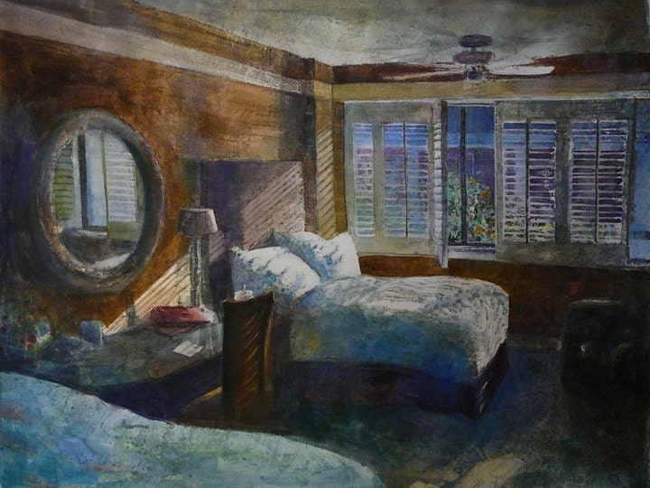 Original Art Framed Monotype Printmaking Bedroom Windows Interior Sunlight DelPesco