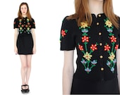 vintage 60s embroidered floral knit sweater top / flower cardigan