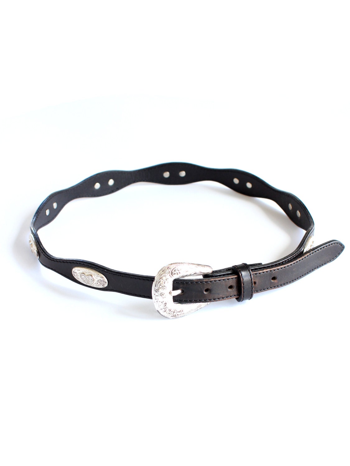 vintage 90s scallop black leather belt / southwest silver metal heart concho belt