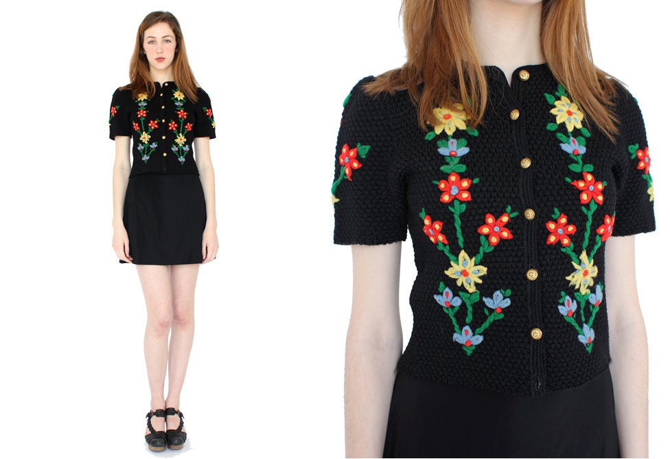 vintage 60s embroidered floral knit sweater top / flower cardigan