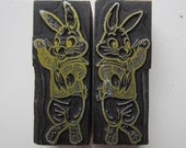 Vintage Letterpress Printers Block Easter Bunny Rabbit in Sailor Suit Pair