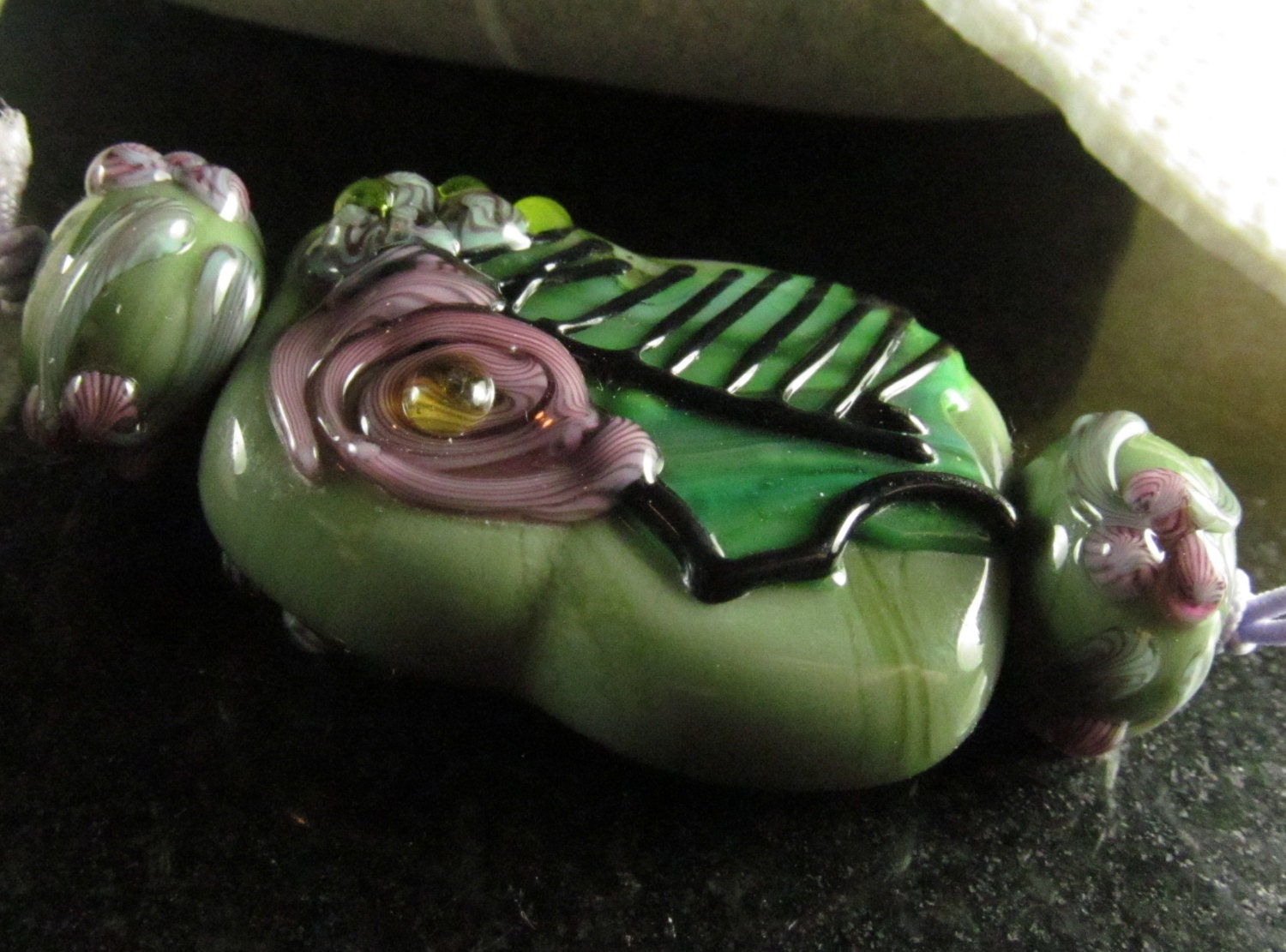 Sweet briar rose free-form pressed tab lampwork bead set