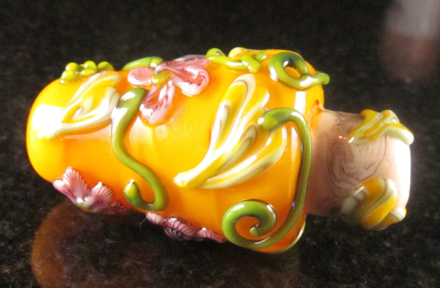 Lampwork glass bead, sunny yellow mushroom with pale pink blossoms