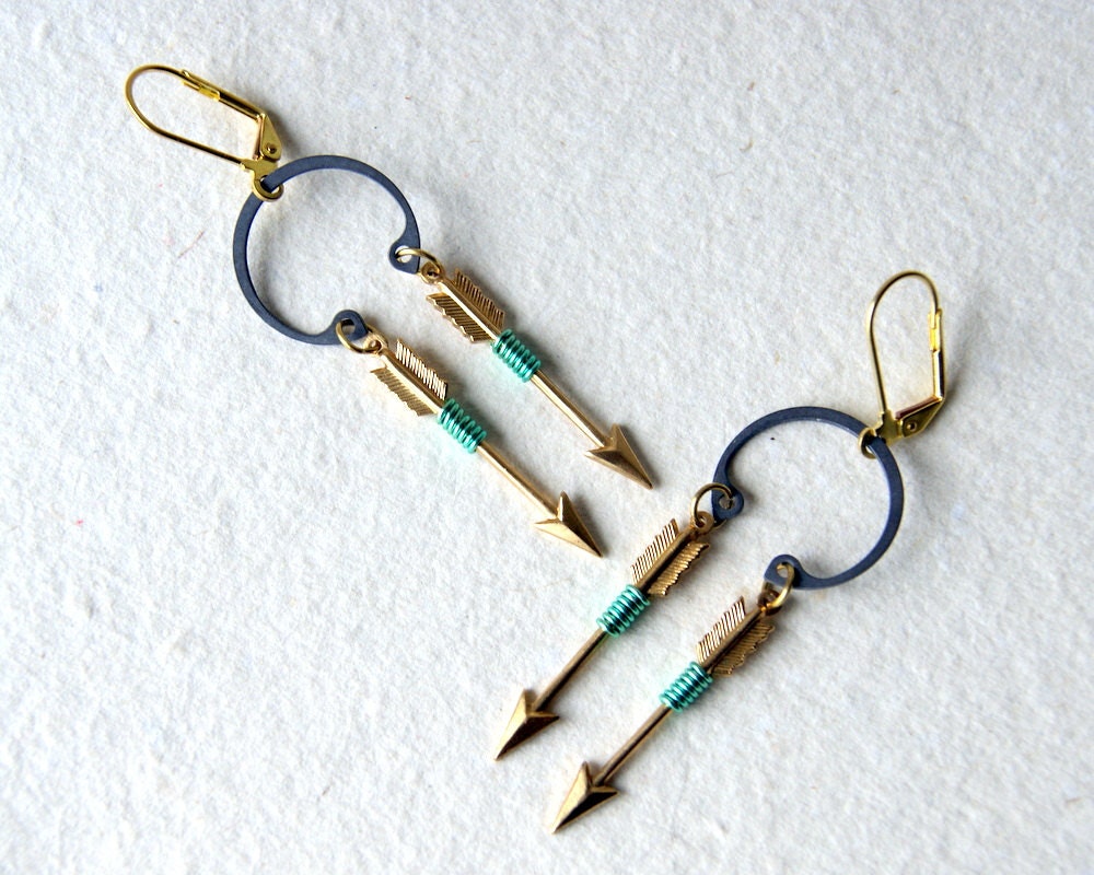 Double Arrow Earrings - brass arrows, turquoise wire wrapped, retaining rings, woodland fashion, archery, hunter