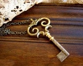 Antique Key Necklace - Key to the Armoire - Ornate Brass and Steel Skeleton Key Pendant - Bridesmaid Wedding Jewelry