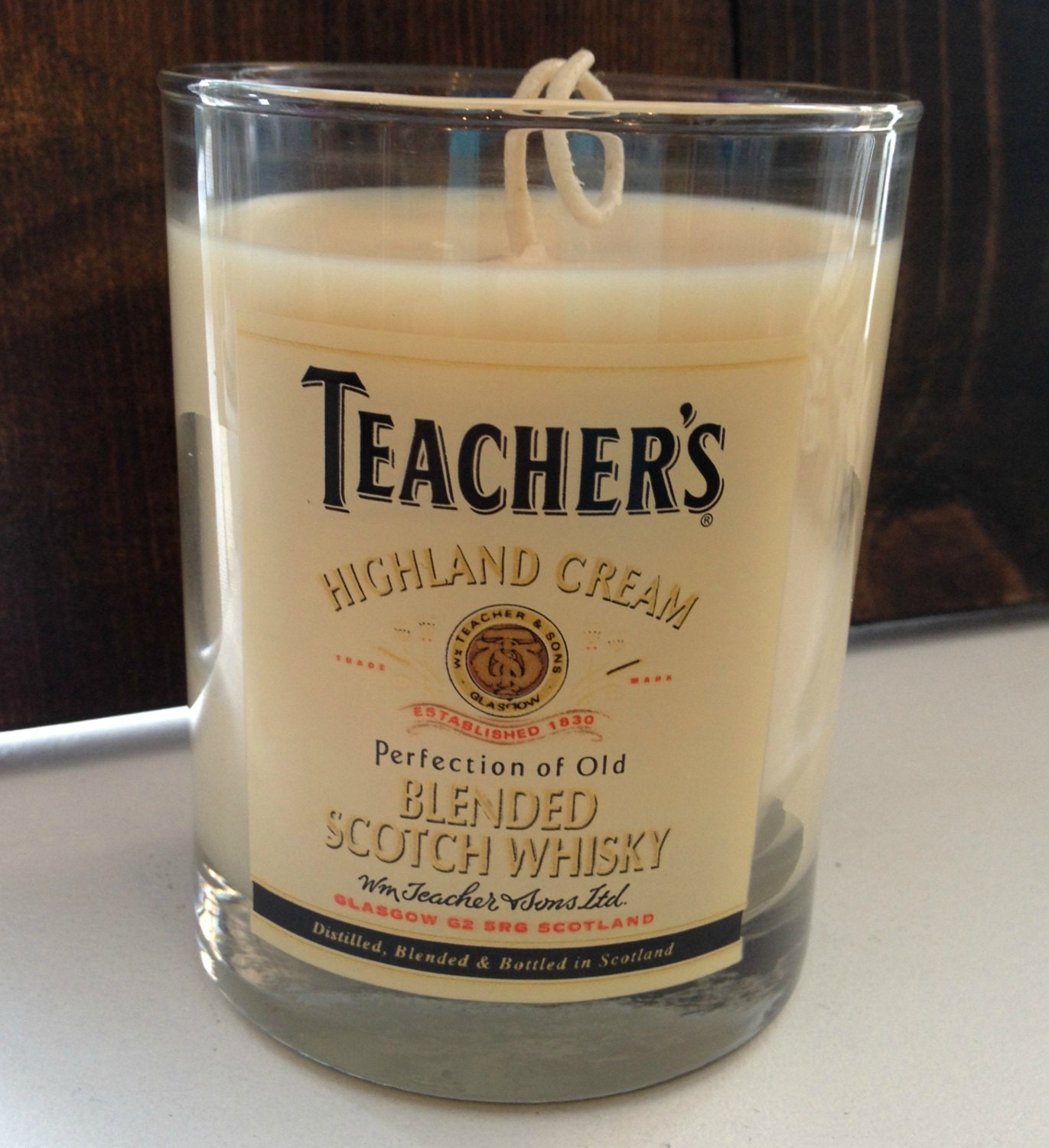 CREME BRULEE 12 Ounce Bar Candle in on the rocks Teacher's Highland Cream Scotch Whiskey Glass