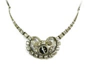 ART DECO STERLING Silver Filigree Rhinestone Necklace with Banded Agate, Signed, Circa 1930