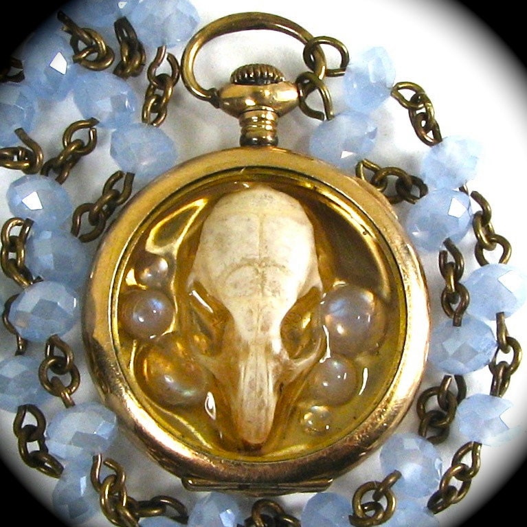 Steampunk Skull Necklace OSSUARY RELIC Genuine Mouse Skull Blue Chalcedony Glass Rosary Chain One of a Kind ONLY from Nouveau Motley