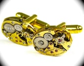 Steampunk Cuff Links Gold Clockwork Petite Ovals with Real Ruby Jewels By Nouveau Motley