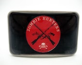 Zombie Hunters Resin art belt buckle for snap belt straps Black and Red apocalypse