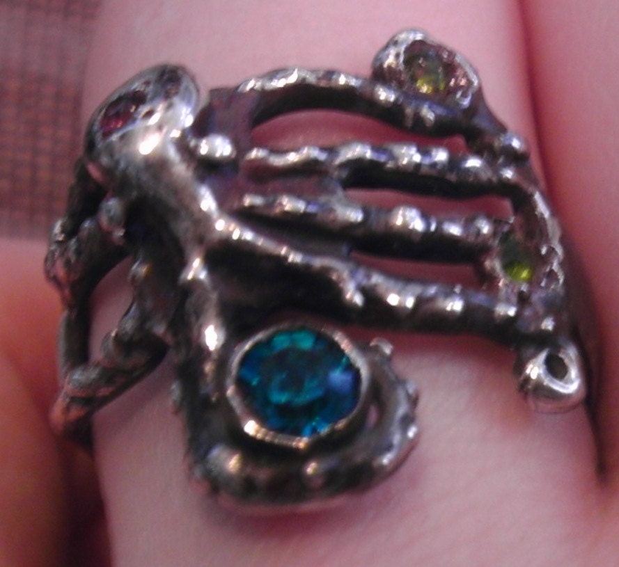 Octopus Ring with Colored Rhinestones and Sterling Silver. Size 7