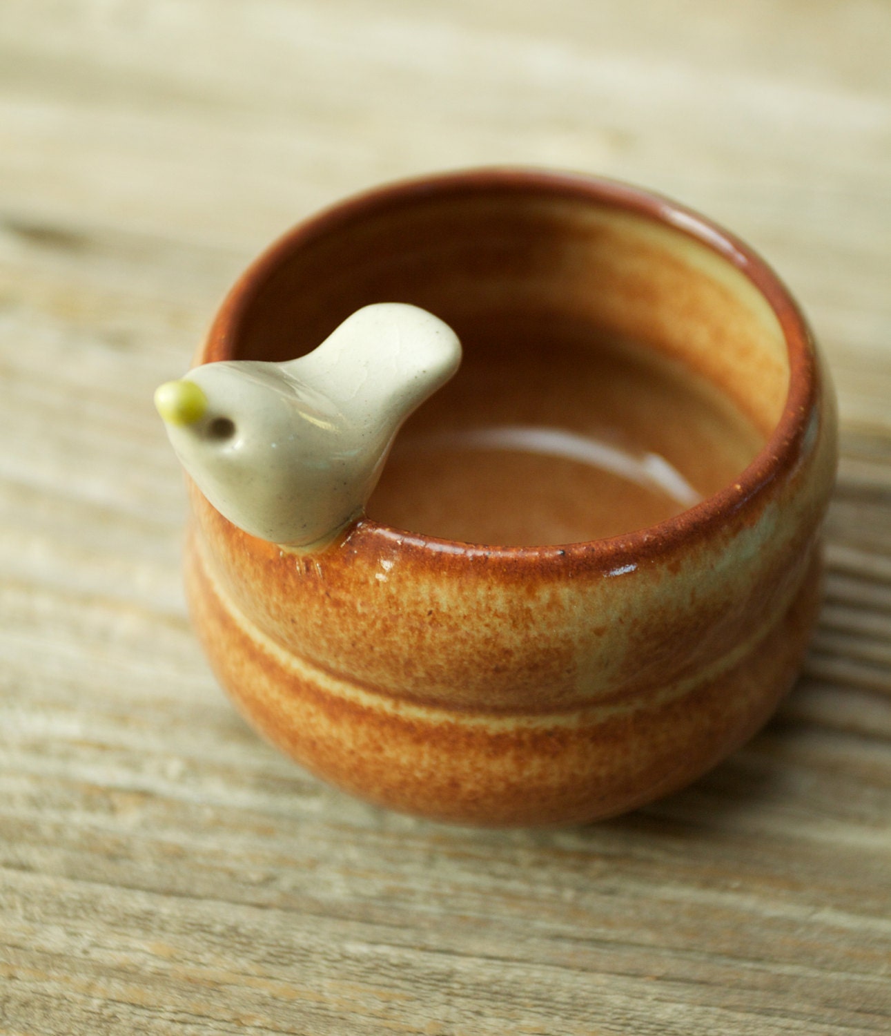Sweet Little White Bird on a Tiny Shino Brown Bowl